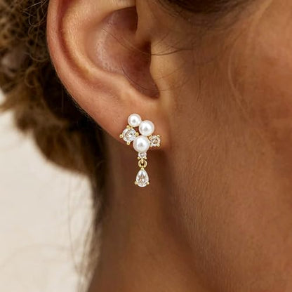 Pearl Earrings for Women Trendy, 14k Gold Plated Freshwater CZ Leaf Pearl Dangle Drop Gold Earrings Lightweight Hypoallergenic Stud Earring Bridesmaid Wedding Gold Jewelry for Women Gifts - style: cz pearl drop earrings