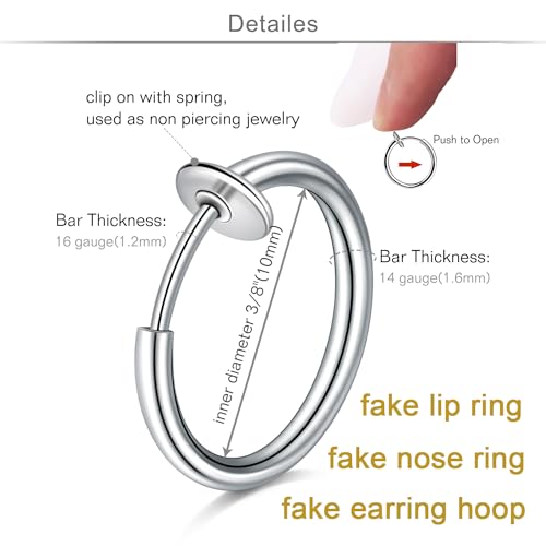 QWALIT Fake Nose Ring Fake Lip Piercing Fake Lip Ring Fake Nose Ring Hoop Fake Snake Bites Fake Lip Piercings Faux Lip Rings Fake Nose Piercing Clip on Nose Ring Spring - color: A3-spring + basic- silver