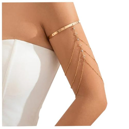 Simple Crystal Bead Tassel Upper Arm Chain Bracelet Multi-layered Bikini Armlet Rhinestone Adjustable Open Arm Cuff Bangle Bracelets Summer Beach Body Jewelry for Women - style: Gold