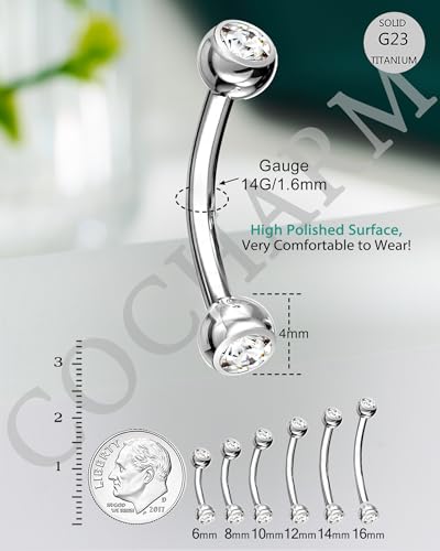 COCHARM G23 Solid Titanium Belly Button Rings 14G CZ Small Short Belly Rings Long Navel Rings 6mm/8mm/10mm/12mm/14mm/16mm Curved Barbell - color: 14mm