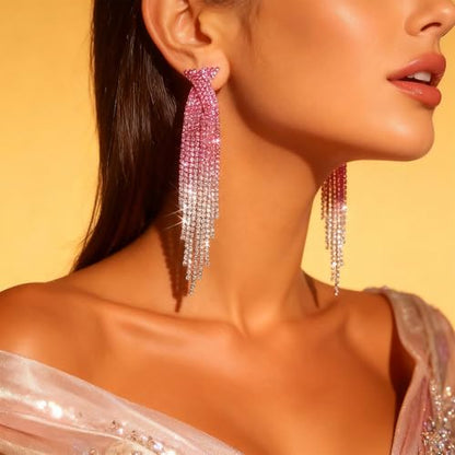 Rhinestone Earrings Prom Earrings for Women Sparkly Long Tassel Chandelier Drop Statement Earring Jewerly Gifts Wedding Party Prom Dresses Accessories - color: B6:pink&silver