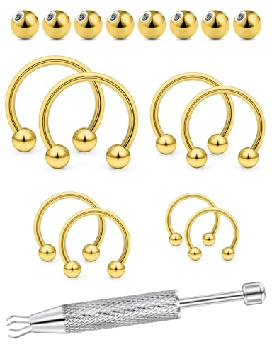 16G 316L Surgical Steel Horseshoe Septum Rings, 6/8/10/12 External Thread with Balls & Tool (17PCS) Nose Cartilage Lip Jewelry - color: Gold Plated Horseshoe Ring 6-12mm