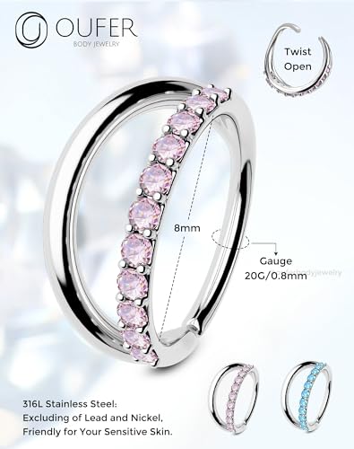 OUFER Nose Rings Silver, 20G Double Hoop 8MM Nose Rings, Seamless Stainless Steel Rook Daith Piercing Jewelry for Women & Men - style: Style2-Pink
