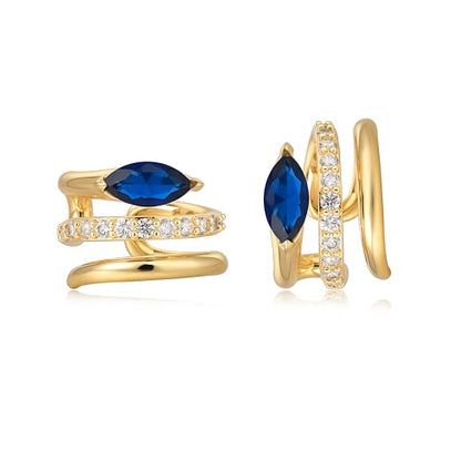 Bemoly Ear Cuff Earrings for Women 14K Gold Plated Cubic Zirconia Dangle Huggie Ear Cuffs Non Piercing | Clip On Cartilage - style: Blue Split Trio
