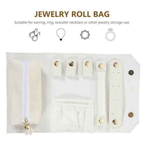 BESPORTBLE Portable Travel Jewelry Organizer Bag for Jewelry Storage Foldable Roll-up Design with White Leather and Lint Material Simple Appearance for Travel