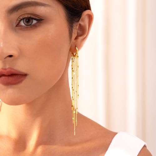 Robaice Long Gold Dangle Earrings for Women, 14K Plated Tassel Earring | Gold Chain Dangling Earrings, Trendy Drop Prom Earring, Lightweight Statement Party Jewelry, Gift for Women - style: B-dangle tassel chains, gold