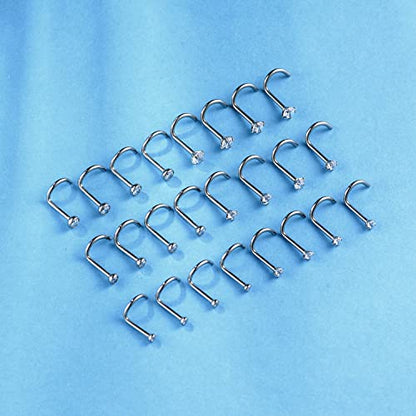 8PCS G23 Titanium Twist Screw Nose Studs 18G 20G Nose Rings 2mm 2.5mm 3mm Clear Pink Purple Aurora CZ Gold Nose Piercing Studs Nostril for Women Men - style: 18g silver clear cz 3mm