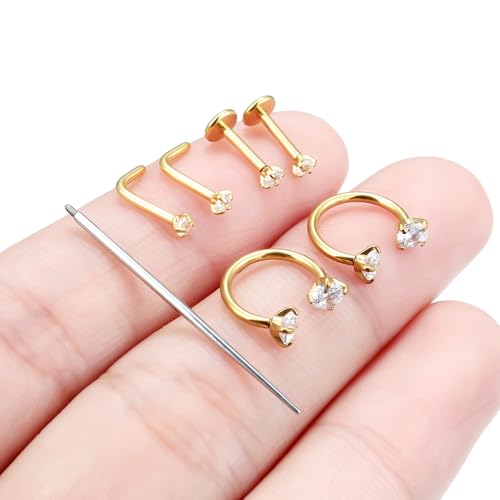 Horseshoe Nose Ring 18G Internally Threaded Nose Rings Hoops Surgical Steel Half Double Cubic Zirconia Nostril Studs Lip Eyebrow Helix Daith Ear Piercing Jewelry For Women - color: goldtone