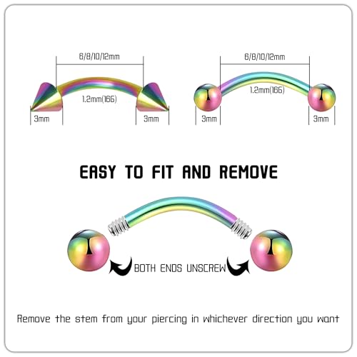 BLISI G23 Solid Titanium Eyebrow Piercing Jewelry, Gold Black Rose Gold Silver Pink Rainbow Eyebrow Rings 16G Curved Barbell,Tiny Vertical Labret Lip Jewelry Rook Piercing Jewelry for Women and Men - color: Rainbow 1