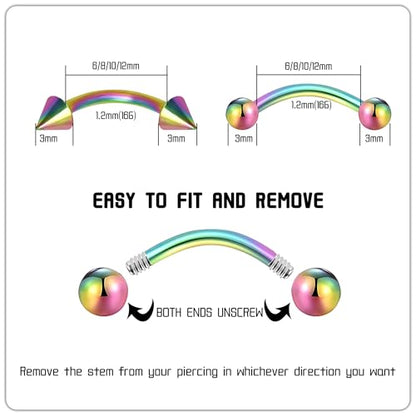 BLISI G23 Solid Titanium Eyebrow Piercing Jewelry, Gold Black Rose Gold Silver Pink Rainbow Eyebrow Rings 16G Curved Barbell,Tiny Vertical Labret Lip Jewelry Rook Piercing Jewelry for Women and Men - color: Rainbow 1