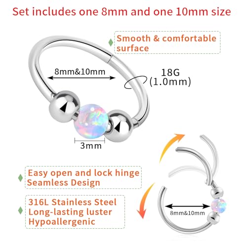 Thiswhyimbeauty 2PCS 18g Opal Nose Rings for Women Nose Hoops 8mm/10mm Hypoallergenic 316L Surgical Steel Nose Rings Piercing Jewelry Can Be Used as a Nose Ring, Septum Ring, and Cartilage Earring - color: A-Silver White opal