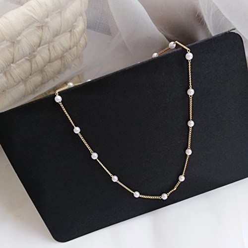 Faux Pearl Necklace for Women Dainty Pearl Choker Necklace 14K Gold Plated Pearl Chain Necklace Mother's Day Valentine Jewelry Gifts - color: Silver