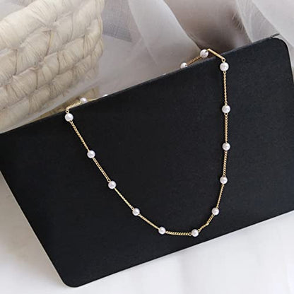 Faux Pearl Necklace for Women Dainty Pearl Choker Necklace 14K Gold Plated Pearl Chain Necklace Mother's Day Valentine Jewelry Gifts - color: Silver