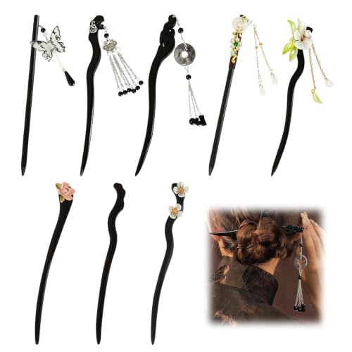 8 Pcs Chinese Hair Sticks Set, Japanese Hair Pin Floral Carved | Vintage Asian Traditional Wooden Hairpins Accessories for Buns, Retro Styling Daily Wear Gifts for Women - color: Wooden