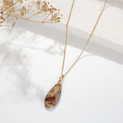 Joya Love 14K Gold Plated Healing Stone Teardrop Pendant Necklace for Women, Waterproof Stainless Steel Chain, Colorful Natural Stone Look, Boho Spiritual Jewelry Gift - color: khaki-Gold