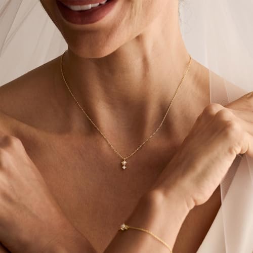 Gold Necklace for Women, Dainty 14K Gold Plated Pendant Necklaces for Women Trendy Simple Choker Chain Cubic Zirconia Circle/Interlocking/Sun/Pearl Necklace Fashion Jewelry Charm Gifts - color: Pearl CZ-2