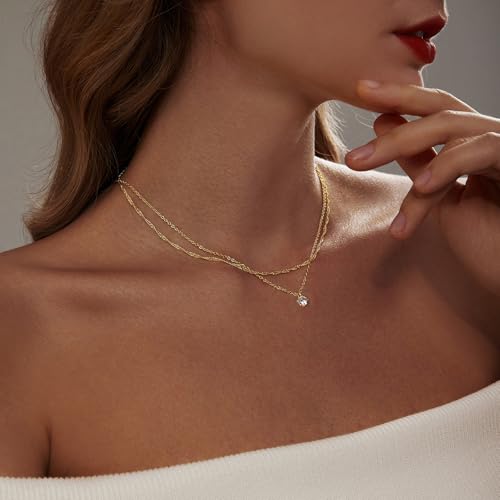 Luxval Diamond Pendant Gold Necklace for Women，Dainty 18k Gold Plated Choker Necklaces Simple Gold Jewelry Gifts for Women - color: Gold-Round CZ Layered