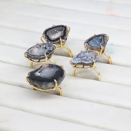 Elegant Geode Druzy Gemstone Statement Ring for Women, Adjustable Ring, Gold Plated Stone Size 20-25mm - color: Black, style: 1