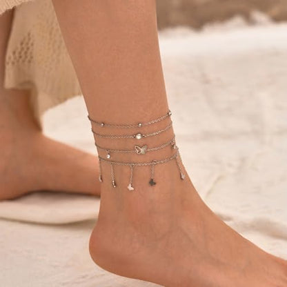 LOFITOR Anklets for Women Ankle Bracelet Charm Link Chain Set Foot | Waterproof Dainty Cz Evil Eye Beaded Anklets Adjustable Beach Foot Jewelry Feet Chains, Summer Beach Foot Jewelry Gifts - style: Butterfly Gold