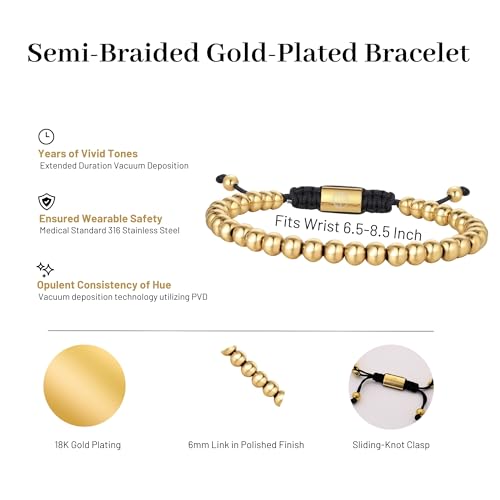 18K Gold-Plated Bracelets for Men Franco Link Chain Adjustable | Stainless Steel Bracelet, Gold Beads Bracelet, Handcrafted Braided, Mens Jewelry Birthday Gift for Men - color: Bright Gold