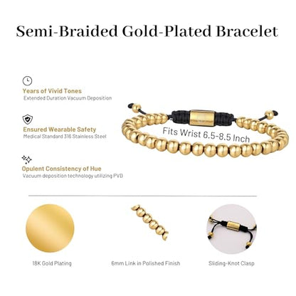 18K Gold-Plated Bracelets for Men Franco Link Chain Adjustable | Stainless Steel Bracelet, Gold Beads Bracelet, Handcrafted Braided, Mens Jewelry Birthday Gift for Men - color: Bright Gold