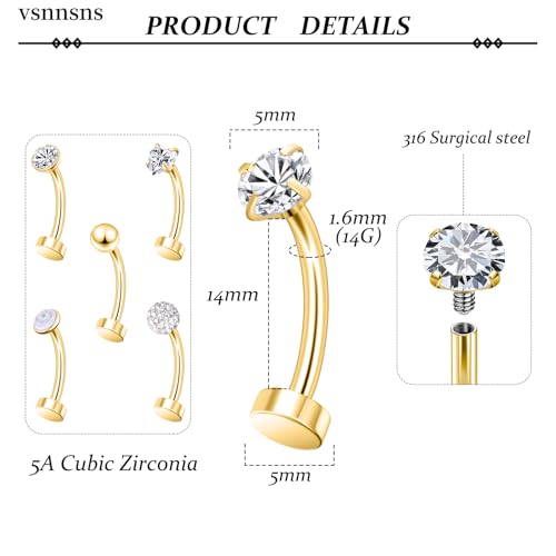 14G Floating Belly Button Ring Piercing Jewelry 316L Stainless Surgical Steel Round Heart Cubic Zirconia Opal Navel Rings Belly Button Ring Piercing Jewelry for Women 14 Gauge Hypoallergenic - color: Gold-14MM Bar-Clear CZ