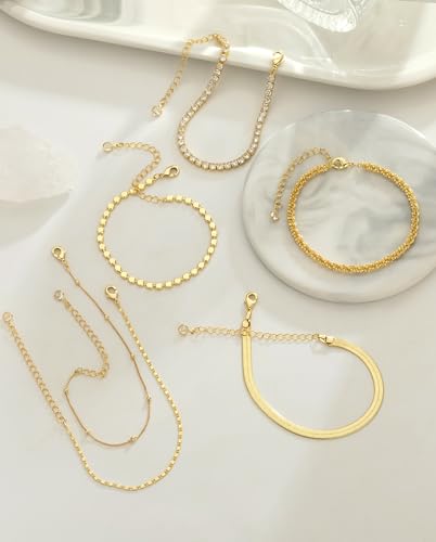 Gold Bracelets for Women 14K Gold Plated Stack Trend Bracelets Charm Paperclip Chain Cuban Link Layered Waterproof Bracelet Dainty Bracelet for Women Jewelry Gifts - color: Gold 6Pcs