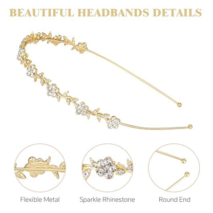 4 Pcs Rhinestone Headbands, Bridal Wedding Headband, Crystal Flower Girl Headpiece, Goddess Leaves Crown Metal Hair Band, Fairy Hair Accessories for Women, Prom Tiaras for Birthday Party - color: Gold