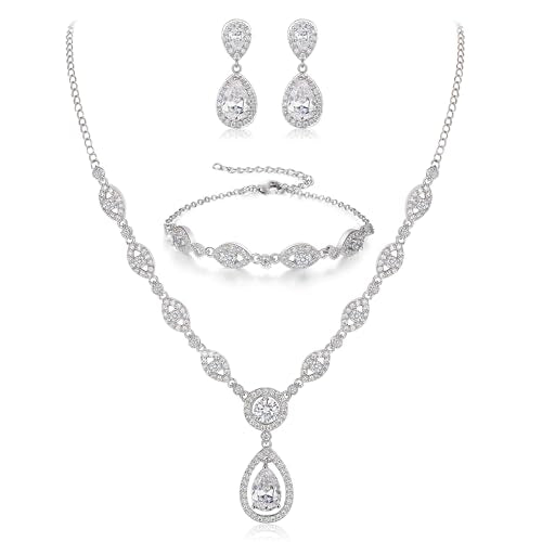 BriLove Wedding Bridal Jewelry Set for Women Cubic Zirconia Teardrop Y-Necklace Link Bracelet Dangle Earrings for Party Prom Accessories - color: Clear Silver-Tone