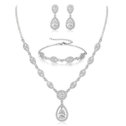 BriLove Wedding Bridal Jewelry Set for Women Cubic Zirconia Teardrop Y-Necklace Link Bracelet Dangle Earrings for Party Prom Accessories - color: Clear Silver-Tone