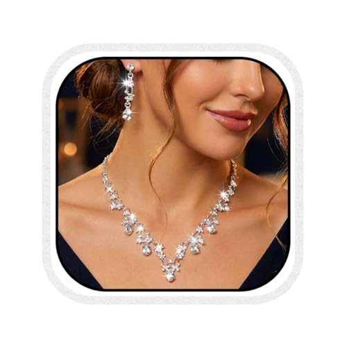 Gold Rhinestone Jewelry Set Bridal Wedding Necklace Earrings Sets Prom Formal Costume Jewelry for Women and Brides - color: Silver