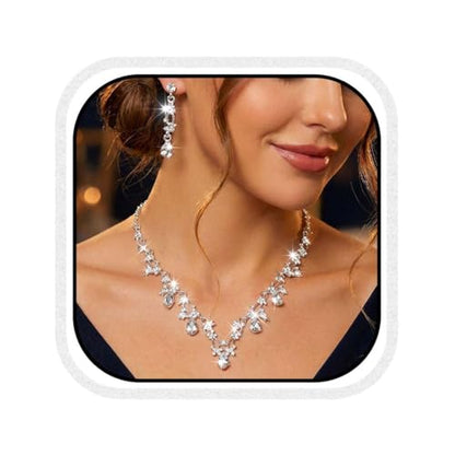 Gold Rhinestone Jewelry Set Bridal Wedding Necklace Earrings Sets Prom Formal Costume Jewelry for Women and Brides - color: Silver