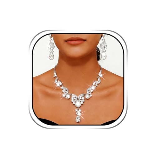 Sixexey Rhinestone Jewelry Set Crystal Necklace and Earrings Wedding Prom Jewelry Accessories for Women - color: Silver