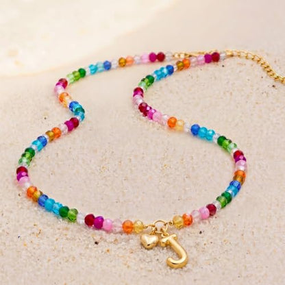 Initial Necklace for Women Colorful Beaded Necklaces Initial Heart Bubble Letter Necklace Summer Necklace Jewelry Gift - color: J