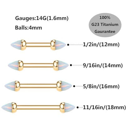 GAGABODY G23 Titanium Pair 14G Nipple Rings Tongue Jewelry Bridge Piercing | Internal Threaded Used in Nipple,Tongue,Bridge 14G Length from 12mm to 18mm Lightweight Daily Wear for Unisex Sensitive Skin - color: Gold+Bullet White Opal, size: 14G+11/16"(18m