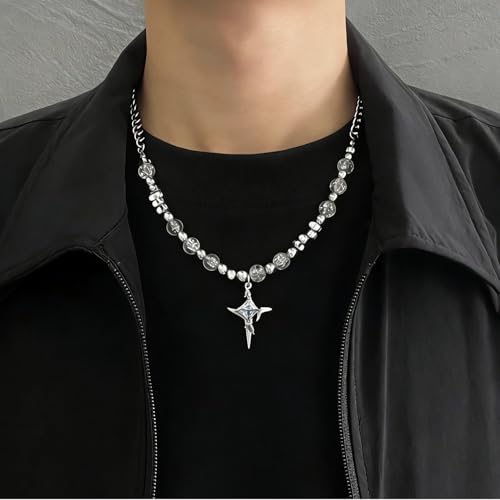 Gothic Cross Star Necklace For Men Women Silver Stainless Steel Cuban Link Paperclip Figaro Bead Chain Punk Kpop Y2k Goth Irregular Layered Cross Pendant Necklace Non Tarnish Jewelry Gift - color: Silver F