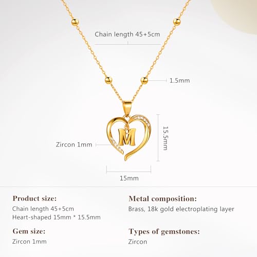 Cicy Bell Womens Heart Initial Necklace 18k Gold Plated | Personalized Letter Pendant, 17.7'' with 2'' Extender - color: Style 2-M-Gold