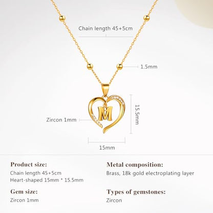 Cicy Bell Womens Heart Initial Necklace 18k Gold Plated | Personalized Letter Pendant, 17.7'' with 2'' Extender - color: Style 2-M-Gold