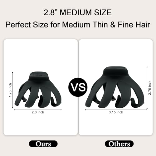 2.8 Inch Medium Octopus Hair Clips for Women, Black Matte Hair Claw Clips for Thin Fine Hair, Strong Hold Non-slip Spider Hairclips Jaw Clip - color: Black