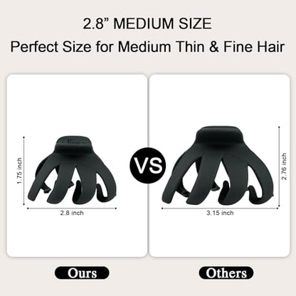2.8 Inch Medium Octopus Hair Clips for Women, Black Matte Hair Claw Clips for Thin Fine Hair, Strong Hold Non-slip Spider Hairclips Jaw Clip - color: Black