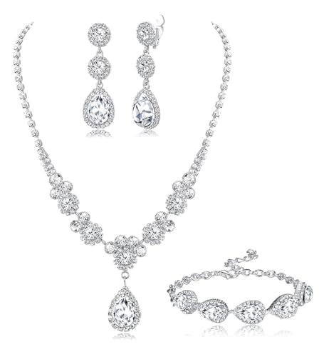 Jstyle Rhinestone Wedding Jewelry Sets for Brides, Brides Bridesmaid Sets | Non Tarnish Bridal Jewelry Set, Crystal Teardrop Pendants Necklace Bracelet,Clip On Earrings, Wedding Prom Jewelry Set - color: Silver Tone