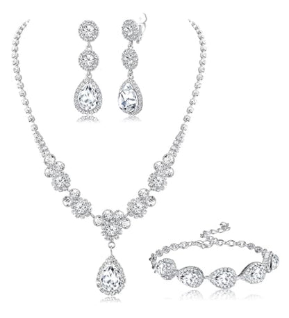 Jstyle Rhinestone Wedding Jewelry Sets for Brides, Brides Bridesmaid Sets | Non Tarnish Bridal Jewelry Set, Crystal Teardrop Pendants Necklace Bracelet,Clip On Earrings, Wedding Prom Jewelry Set - color: Silver Tone