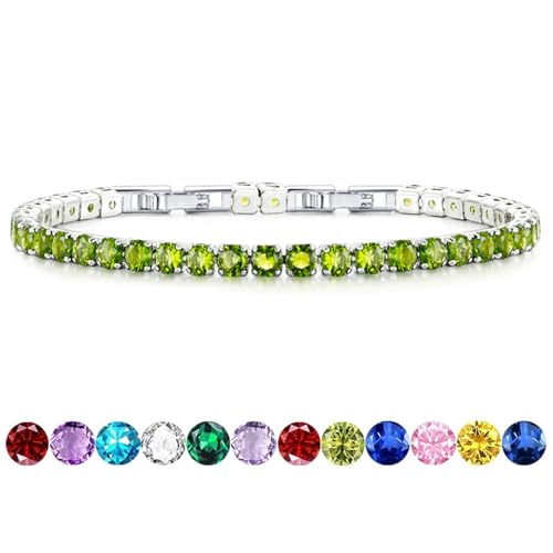 HEEYA Birthstone Silver/Gold Plated Tennis Bracelets, Adjustable 4mm CZ Tennis Bracelets for Women, Fashion Jewelry Wedding Gift Size 6.8 inch+1 inch Extender - color: 08 August Peridot