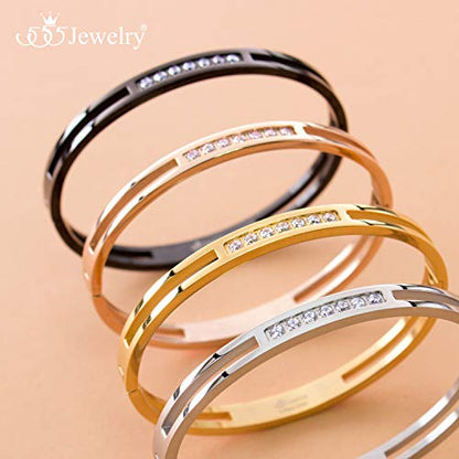 555Jewelry Womens Stainless Steel Fashion CZ Studded Cuff Bangle Bracelet - color: Yellow Gold - Grooved