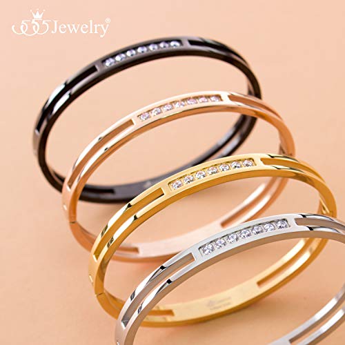 555Jewelry Womens Stainless Steel Fashion CZ Studded Cuff Bangle Bracelet - color: Pink Rose Gold - Grooved