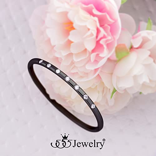 555Jewelry Stainless Steel Thin CZ Cuff Hinged Bangle Bracelet for Women - color: Black