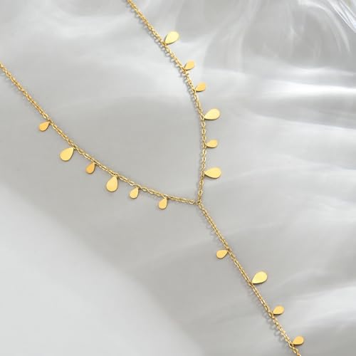 Dainty 18K Gold Plated Lariat Necklace for Women Delicate Y Chain Rose Pearl Diamond Long Drop Necklace Layering Bridal Jewelry Gift - color: Tiny Waterdrop-Gold