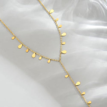 Dainty 18K Gold Plated Lariat Necklace for Women Delicate Y Chain Rose Pearl Diamond Long Drop Necklace Layering Bridal Jewelry Gift - color: Tiny Waterdrop-Gold