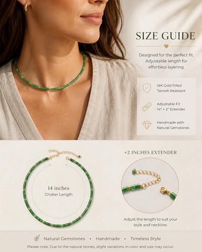 Natural Heishi Gemstone Choker Necklace for Women, Adjustable 15"+2" Beaded Layering Necklace, Coastal Beach Jewelry Gift for Her - color: Green Aventurine