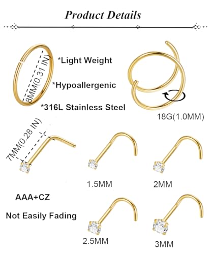 21PCS 18G 20G 22G 316L Stainless Steel Nose Rings Hoop for Women Men Double Nose Ring CZ Nose Stud Piercing Jewelry - color: 18G-Gold tone